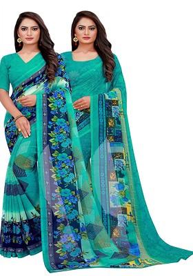 Turquoise Blue Floral Georgette Saree Set (Set Of 2)