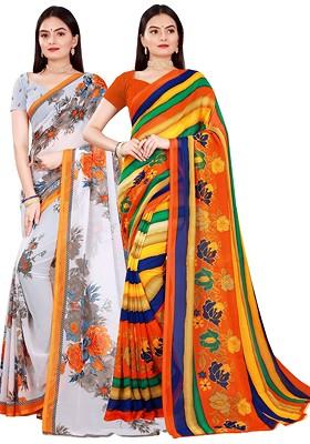 White Striped Georgette Saree Set (Set Of 2)