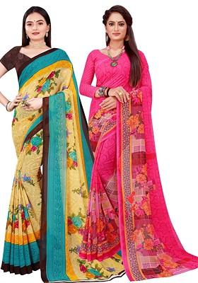 Beige Floral Georgette Saree Set