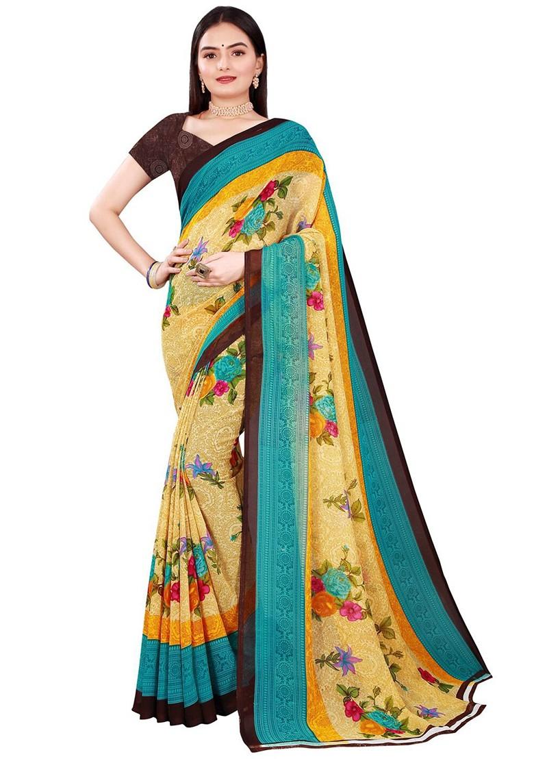 Beige Floral Georgette Saree Set