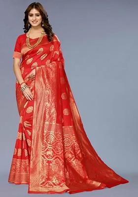 Red woven Kanjeevaram Saree Set