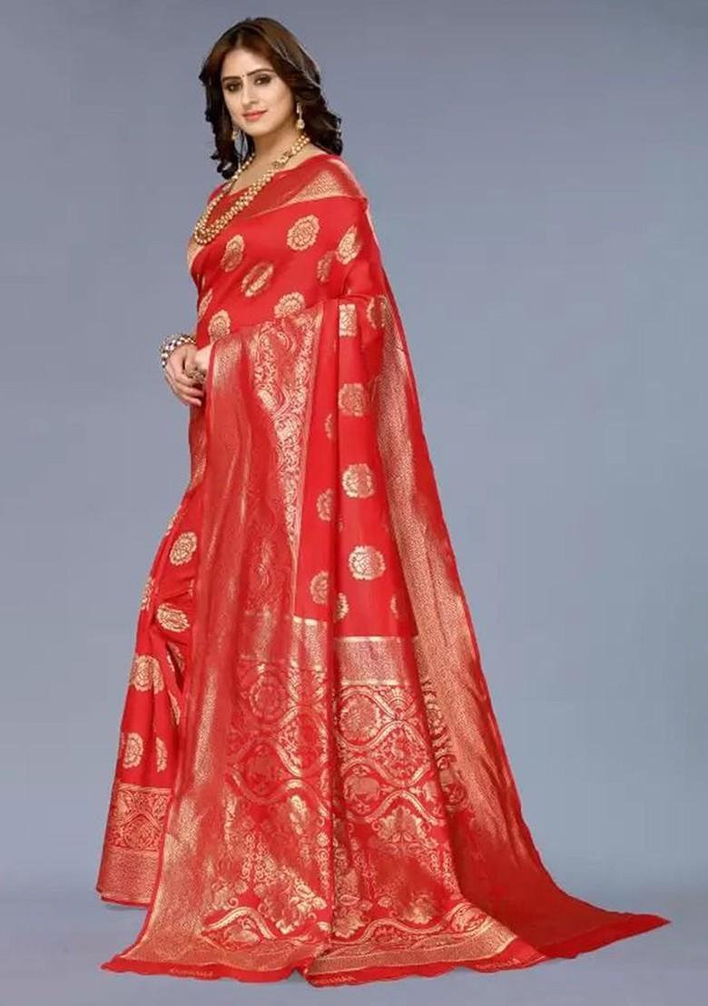 Red woven Kanjeevaram Saree Set