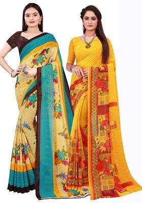 Yellow Floral Georgette Saree Set (Set Of 2)