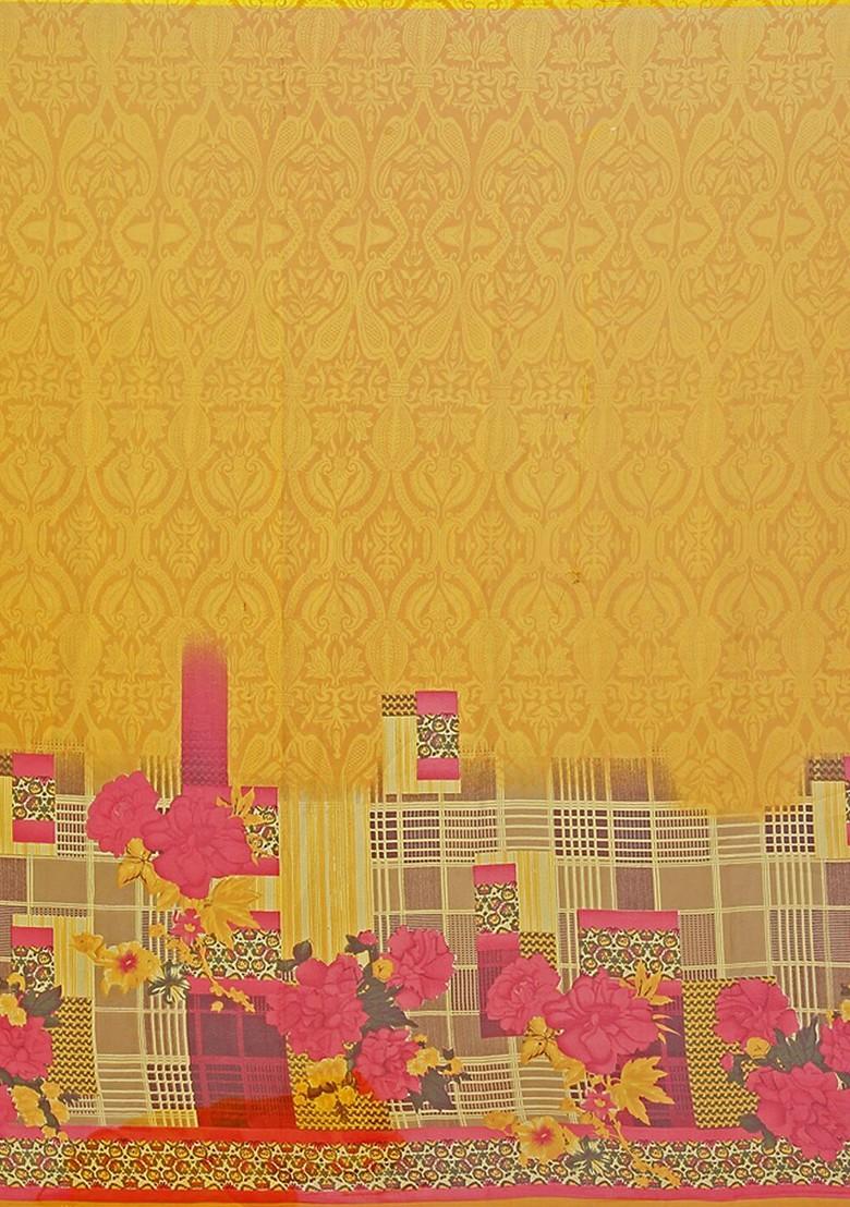 Yellow Floral Georgette Saree Set (Set Of 2)