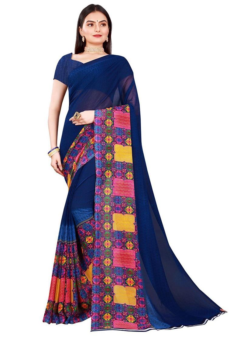 Navy Blue Embroidered Georgette Saree Set