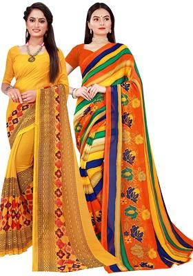 Yellow Floral Georgette Saree Set (Set Of 2)