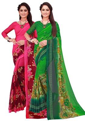 Green Floral Georgette Saree Set (Set Of 2)