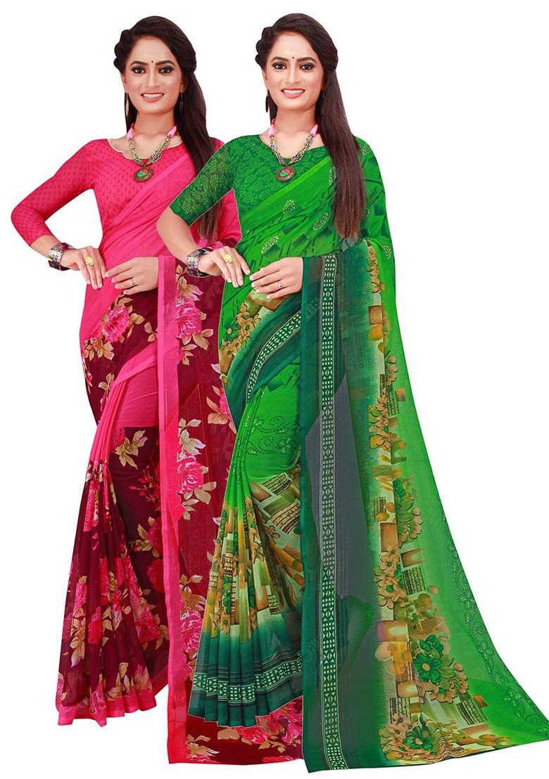 Green Floral Georgette Saree Set (Set Of 2)