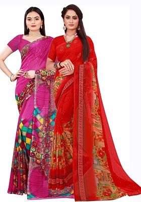 Pink Floral Georgette Saree Set (Set Of 2)