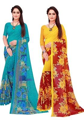 Turquoise Blue Floral Georgette Saree Set (Set Of 2)