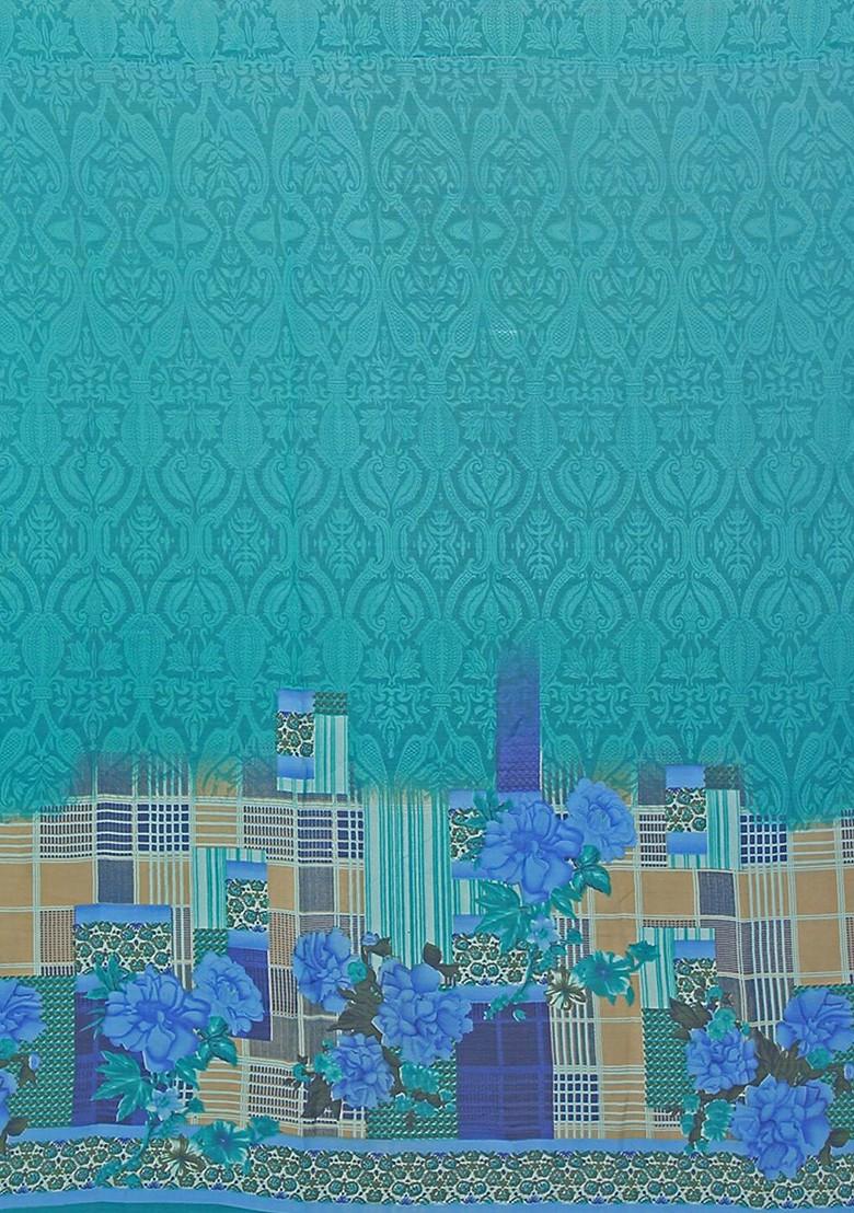 Turquoise Blue Floral Georgette Saree Set (Set Of 2)