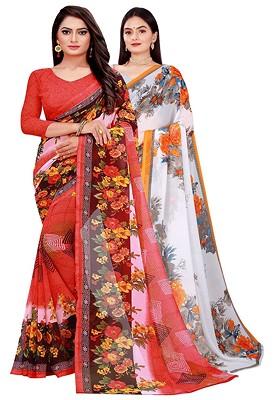 Peach Printed Georgette Saree Set