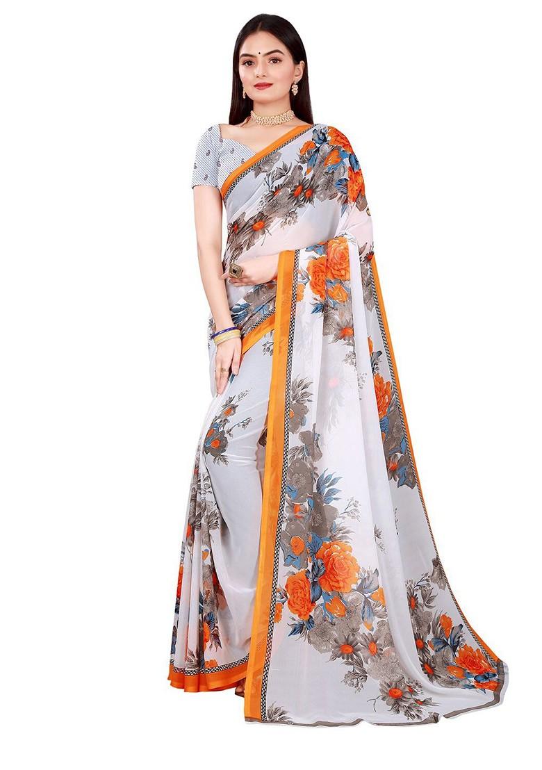 Peach Printed Georgette Saree Set