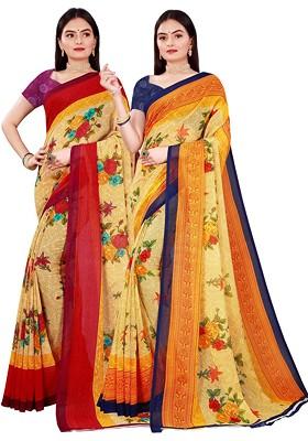 Beige Embroidered Georgette Saree Set (Set Of 2)