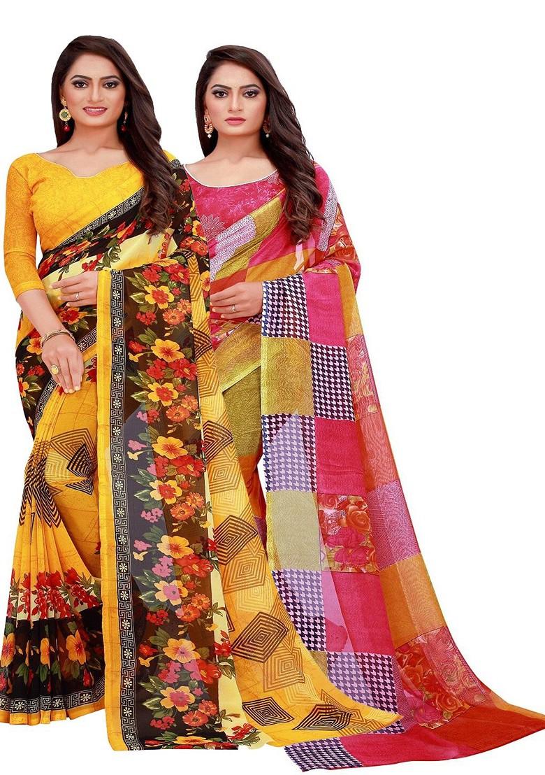 Yellow Printed Georgette Saree Set (Set Of 2)
