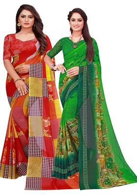 Red Embroidered Georgette Saree Set (Set Of 2)