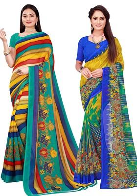 Blue Floral Georgette Saree Set (Set Of 2)