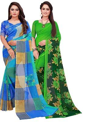 Blue Printed Georgette Saree Set