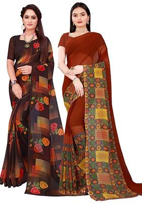 Brown Embroidered Georgette Saree Set (Set Of 2)