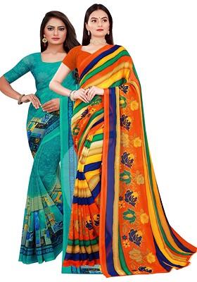 Green Floral Georgette Saree Set (Set Of 2)