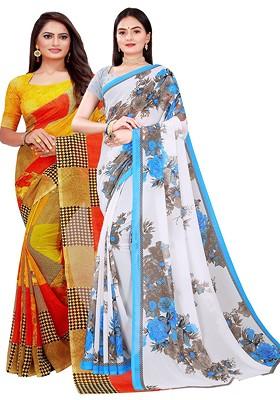 Yellow Embroidered Georgette Saree Set (Set Of 2)