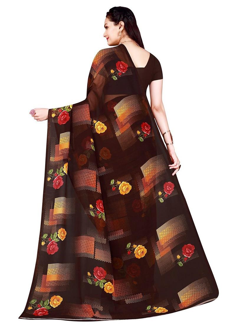 Brown Floral Georgette Saree Set