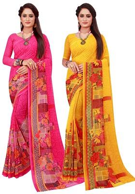 Magenta Floral Georgette Saree Set (Set Of 2)