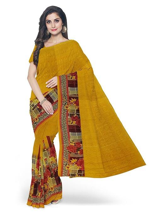 Yellow Floral Georgette Saree Set