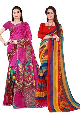 Red Embroidered Georgette Saree Set (Set Of 2)