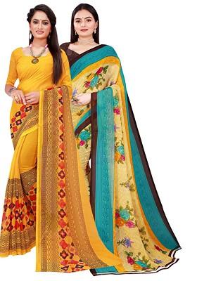 Beige Floral Georgette Saree Set (Set Of 2)