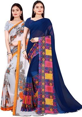 White Floral Georgette Saree Set (Set Of 2)
