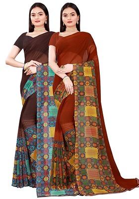 Brown Embroidered Georgette Saree Set (Set Of 2)