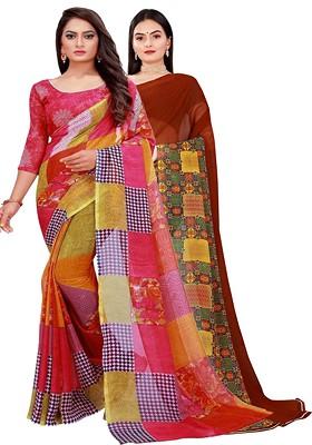 Red Embroidered Georgette Saree Set (Set Of 2)