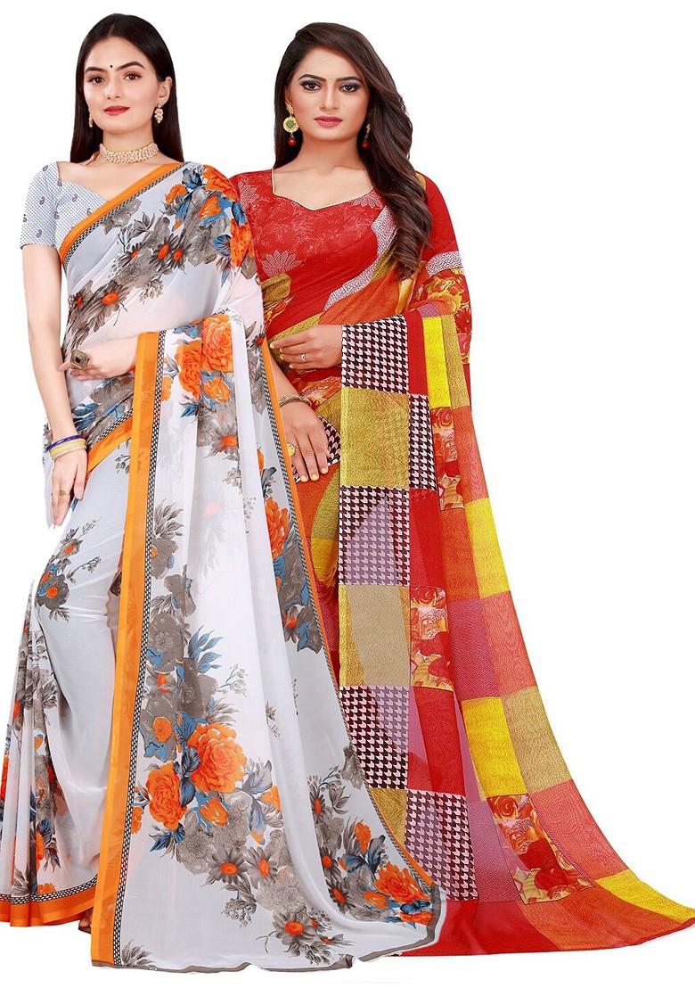 Red Floral Georgette Saree Set (Set Of 2)