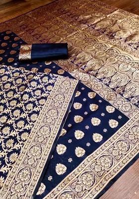 Navy Blue woven Silk Saree Set