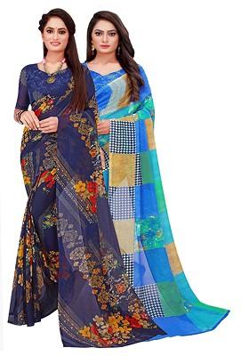 Blue Floral Georgette Saree Set (Set Of 2)