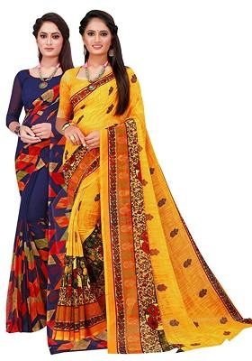 Navy Blue Embroidered Georgette Saree Set