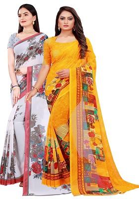 Yellow Printed Georgette Saree Set (Set Of 2)