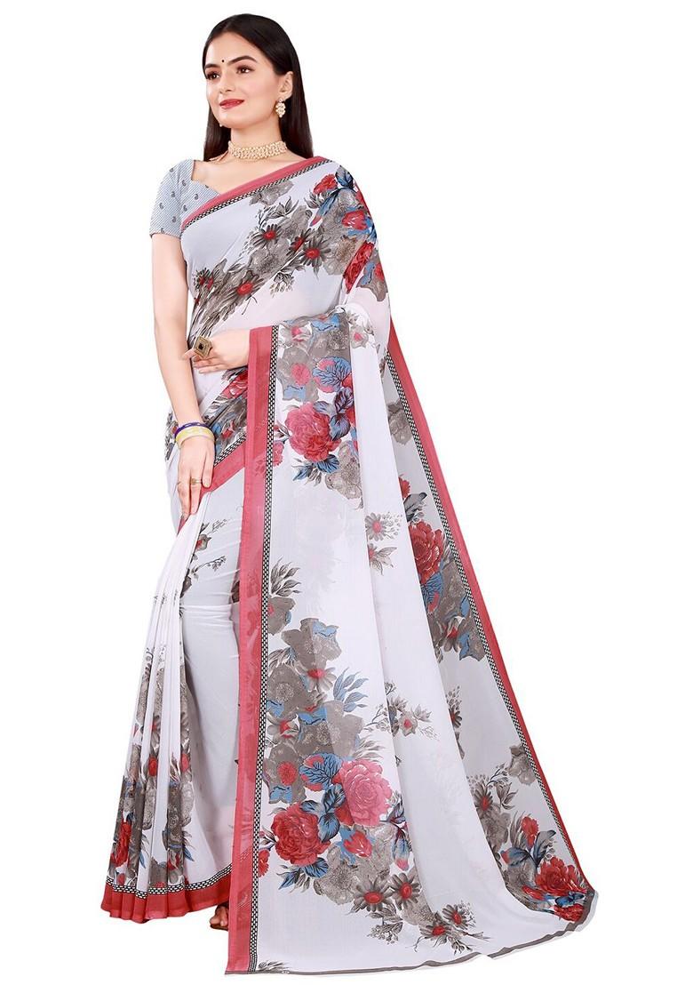 Yellow Printed Georgette Saree Set (Set Of 2)