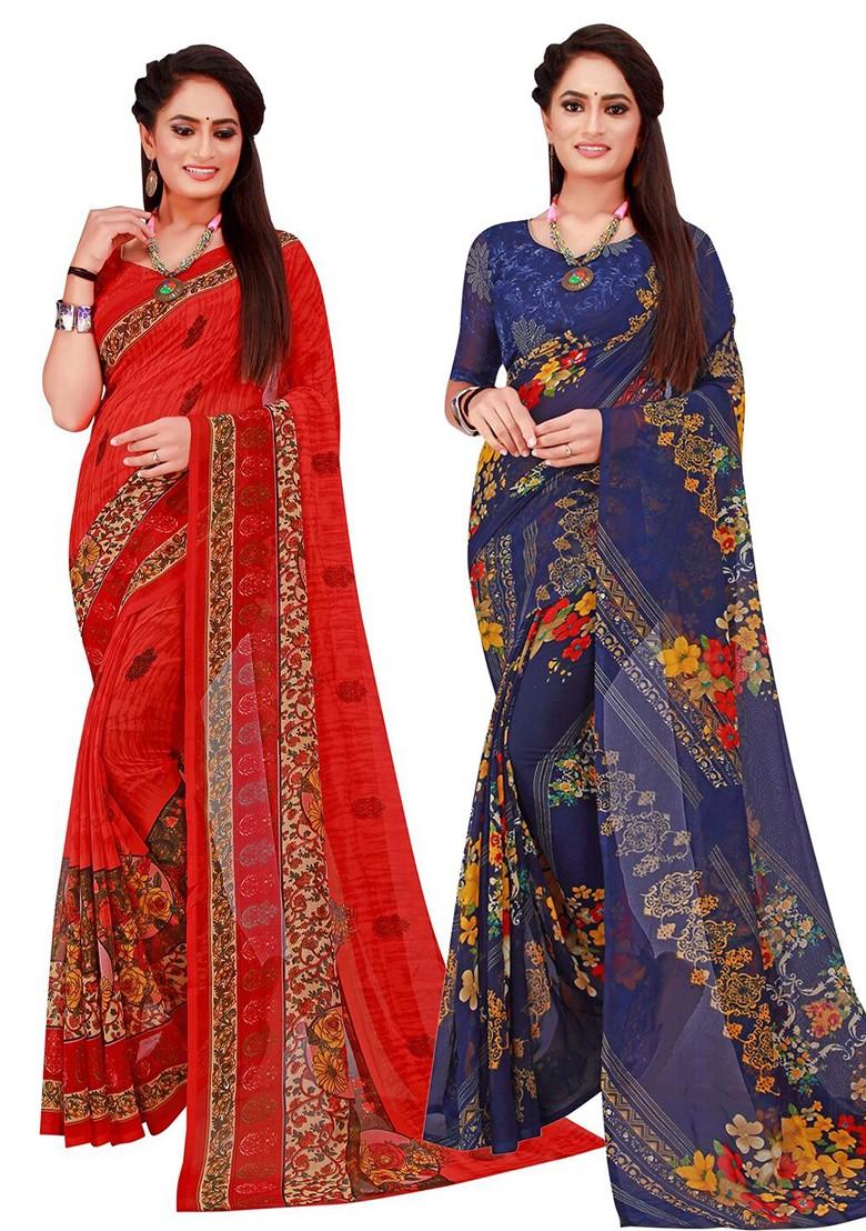 Navy Blue Geometric Print Georgette Saree Set (Set Of 2)