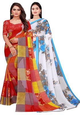 Red Floral Georgette Saree Set (Set Of 2)