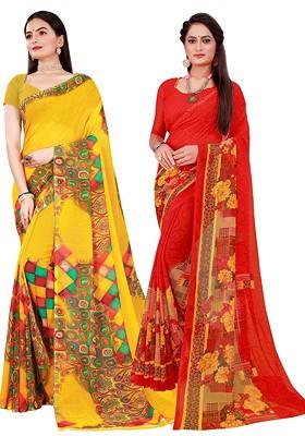 Yellow Embroidered Georgette Saree Set