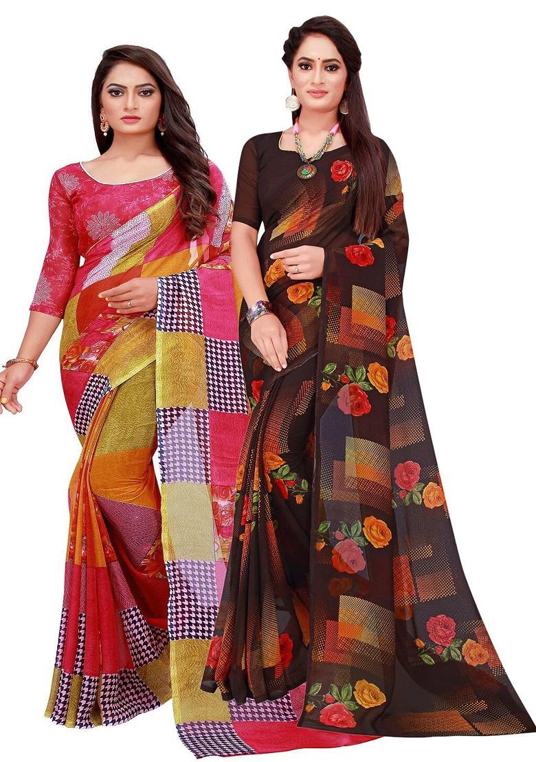 Red Embroidered Georgette Saree Set (Set Of 2)