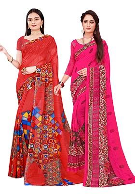 Red Printed Georgette Saree Set (Set Of 2)