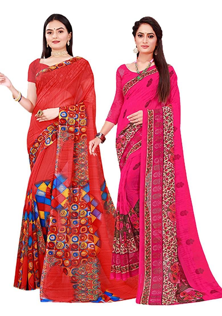 Red Printed Georgette Saree Set (Set Of 2)