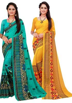 Yellow Floral Georgette Saree Set (Set Of 2)