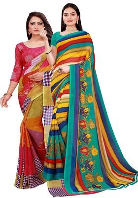 Red Printed Georgette Saree Set (Set Of 2)