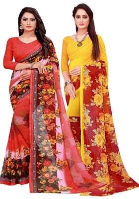 Red Floral Georgette Saree Set (Set Of 2)