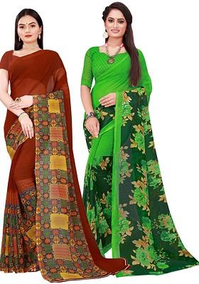 Brown Floral Georgette Saree Set (Set Of 2)