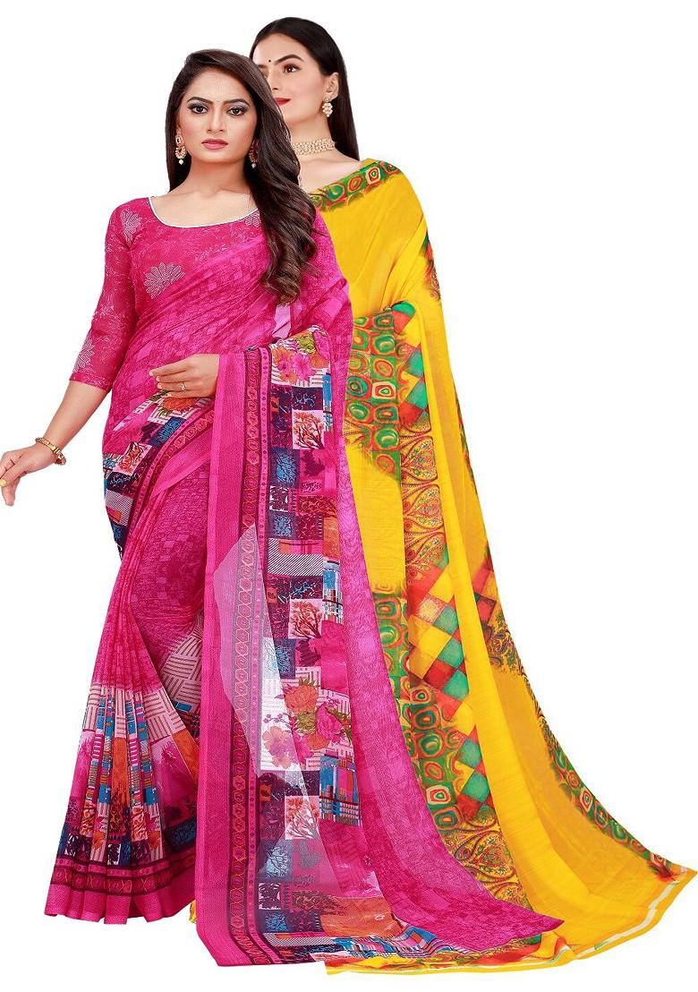 Magenta Floral Georgette Saree Set (Set Of 2)